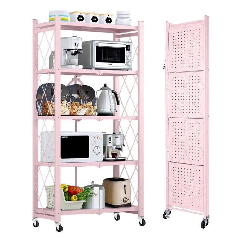 COOKCOK 5-Tier Storage Shelving Unit, Metal Shelf 27.9"x13.4"x62.5, Foldable Storage Shelf with Wheels, Garage Shelf, Kitchen Shelf with 4 Hooks, No A
