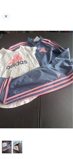 adidas Navy and Pink Three-Piece Athletic Set with White Logo Tee