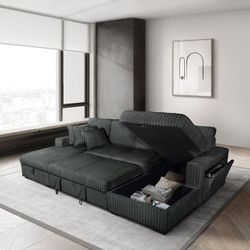 Brand New Dark Grey Corduroy Sectional Sofa with Double Storage Chaise,PopUp Sleeper,USB Ports &Cup Holders