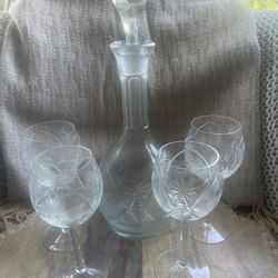 Vtg Pinwheel Cut Crystal Decanter + Stemware Glasses (4) Bohemian MCM Barware