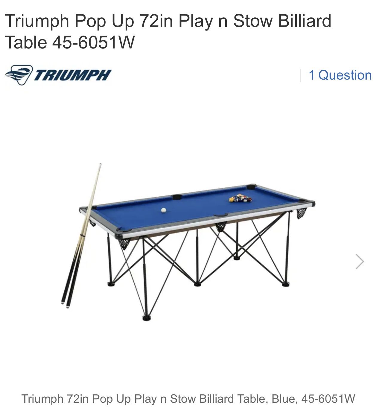 Triumph Sports 6’ Portable Pop Up Folding Pool/Billiard Table with Folding Legs, Instant Assembly and Accessories Included, Blue, 72" (45-6051W)