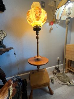 Vintage Mid Century Wood Floor Lamp Table with Built In Storage Box