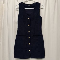 Navy Tweed Mini Dress – Size Small – Gold Buttons