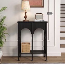 Console Table with Storage Shelf, 28" Small Entryway Table with Roman-Style Legs, Wooden Sofa Table Retro 2-Tier for Living Room, Hallway, Black