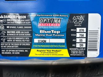Optima BlueTop Marine AGM Battery – Shipping Terminal Caps Still Intact - NEW