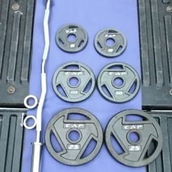 NEW CAP CURL BAR. &. EASY GRIP OLYMPIC PLATES  (PAIRS OF)  :  25s  10s  5s 