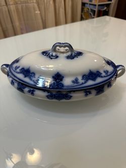 Antique Flow Blue Covered Oval Tureen