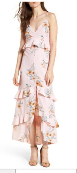 Lush Pink Floral Ruffle Bow Tie Back Spaghetti Strap Split Front Dress Sz L