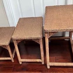 Vintage Set of Three Nesting Tables Woven Tops with Intricate Carved Design just $50