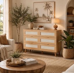 Rattan 6 Drawer Dresser, with Natural Rattan Drawers, Gold Metal Handle, TV Stand for 55 inch , Light Oak J-32
