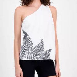 NWT INC White Asymmetric One-Shoulder Small Top, blouse. Embellished Black Palms