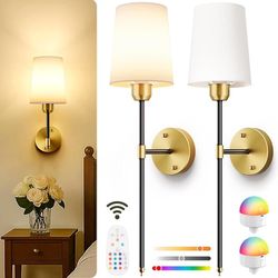 Battery Operated Wall Sconces Set of 2, Black Gold Cordless Wall Lights with Rechargeable Magnetic Bulbs and Remote, Dimmable & 15 RGB Colors Wall Lam