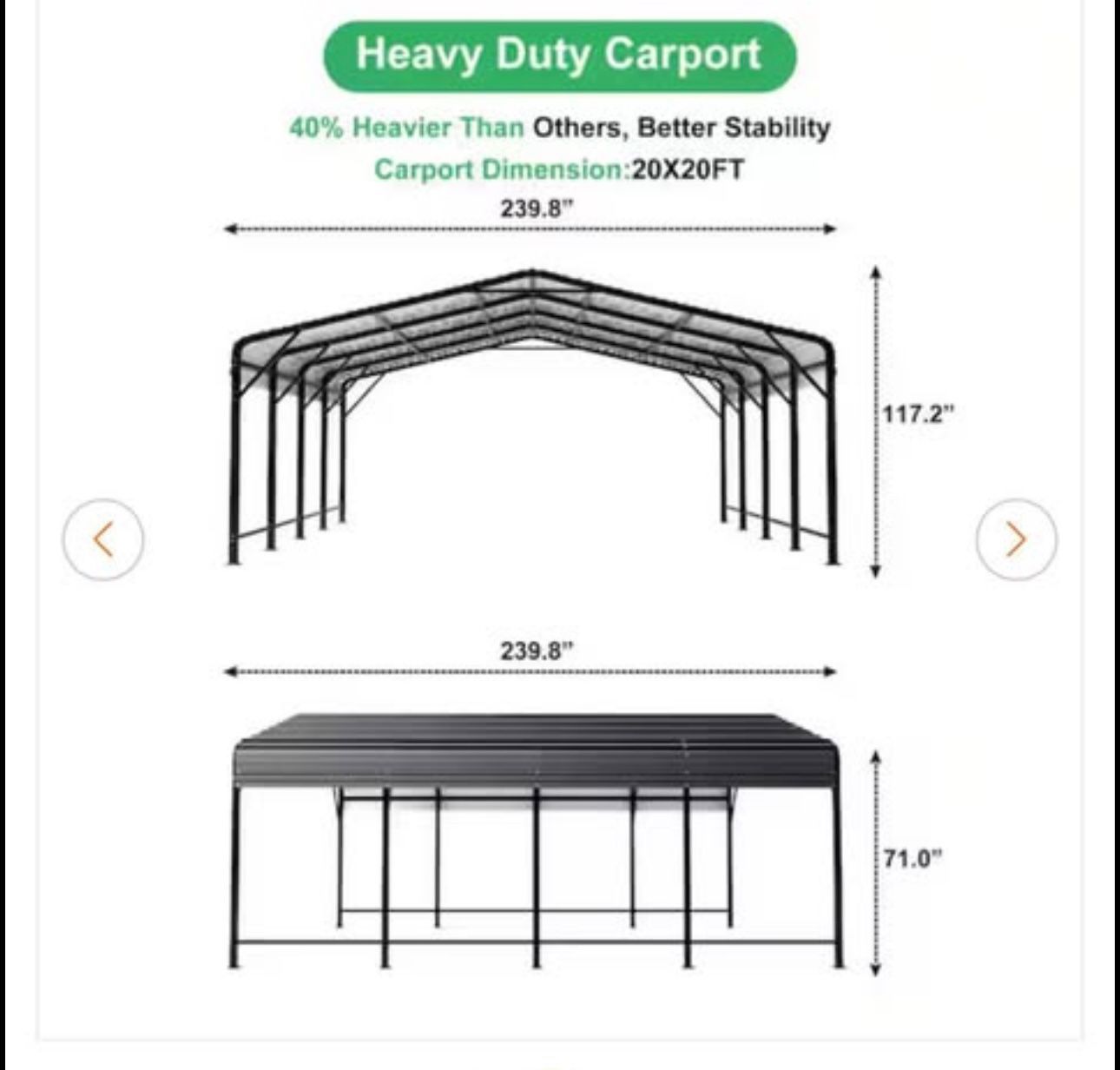 VIWAT 20 ft. W x 20 ft. D Metal Carport, Car Canopy and Shelter