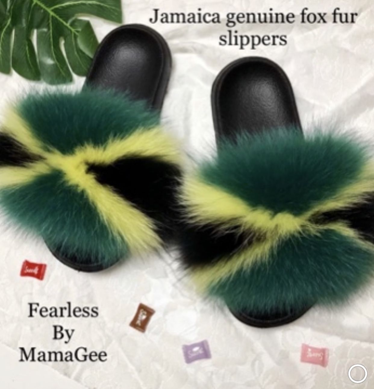 Genuine fox fur Jamaica Flag Slides .