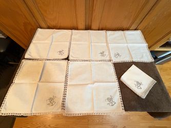 Vintage Cream Embroidered Cocktail Napkins with Crochet Lace Border - Set of 6