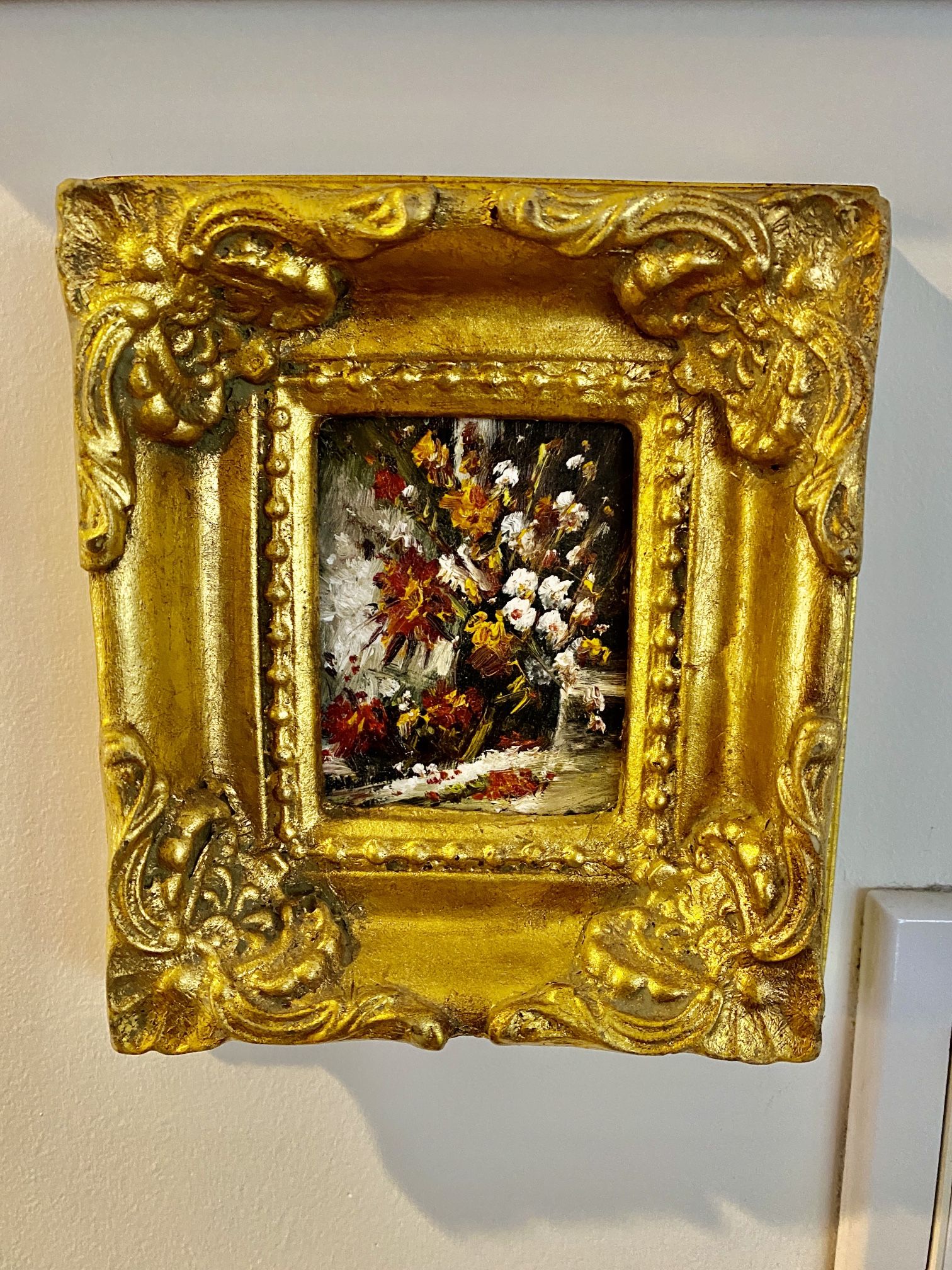 Vintage Flowers Oil Painting on Board Wall Art w/ Thick Gilded Gold Frame 6x7”