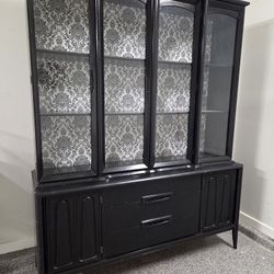 Bassett China Cabinet Black With Damask Design Inside