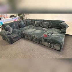RIGHT HAND FACING Chaise Storage Corduroy Fabric Upholstered U-Shaped Sectional Sofa with Pull Out Bed and 6 Throw Pillows.