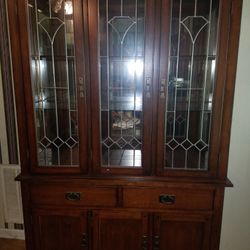 Antique Lighted Cherry Buffet & Hutch w/ Glass Shelves