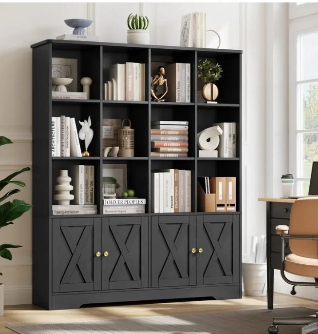 12 Cube Double Wide three tear bookcase with cabinets black new