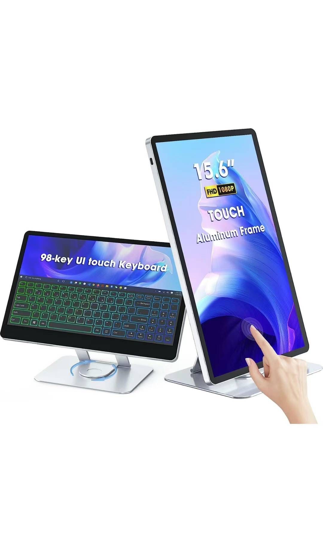 1080P Portable Monitor Touchscreen, 15.6'' 220Nits Windows10-Point IPS 100% SRGB 16.7M Display Colors USB-C HDMI 98 Key Keyboard & 3 Speakers 360° Rot