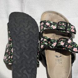 Birkenstock “Betula” - black straps with green vines and pink roses