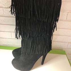 Black Fringe black Suede High Heel Boots size 10