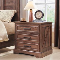 Farmhouse Nightstand with Charging Station, 22 Inch Wide End Table with 3 Large Drawers & Bar Handles, Rustic Wood Small Dresser Chest of Dra