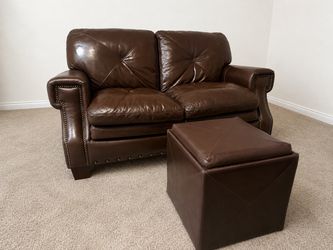 Brown Leather Loveseat with Ottoman