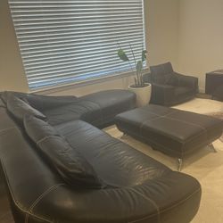 Modern 3-Piece Black Leather Living Room Set (Sectional, Chair, & Ottoman)