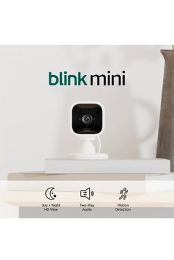 NEW IN BOX Blink Mini - Compact indoor plug-in smart security camera, 1080p HD video, night vision, motion detection, two-way audio, easy set up,