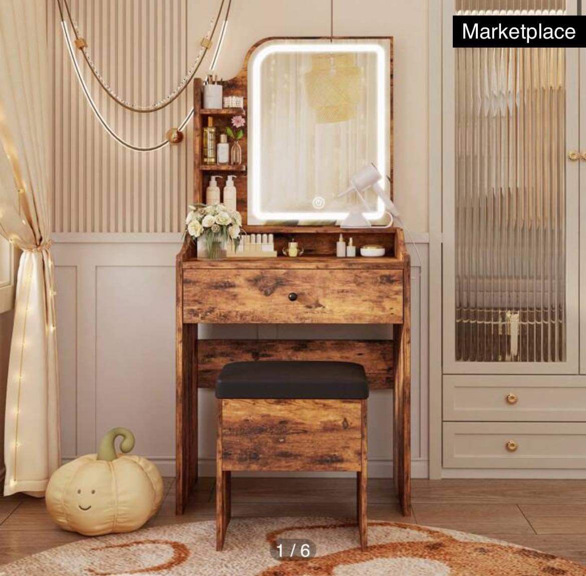 Small Makeup Vanity Desk with Mirror and Lights, Vanity Table Set with Storage Drawer & Chair & 3 Shelves, Bedroom, Vintage Brown