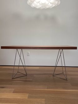 Oak Veneer Table Cognac Color with Chrome Trestle Legs