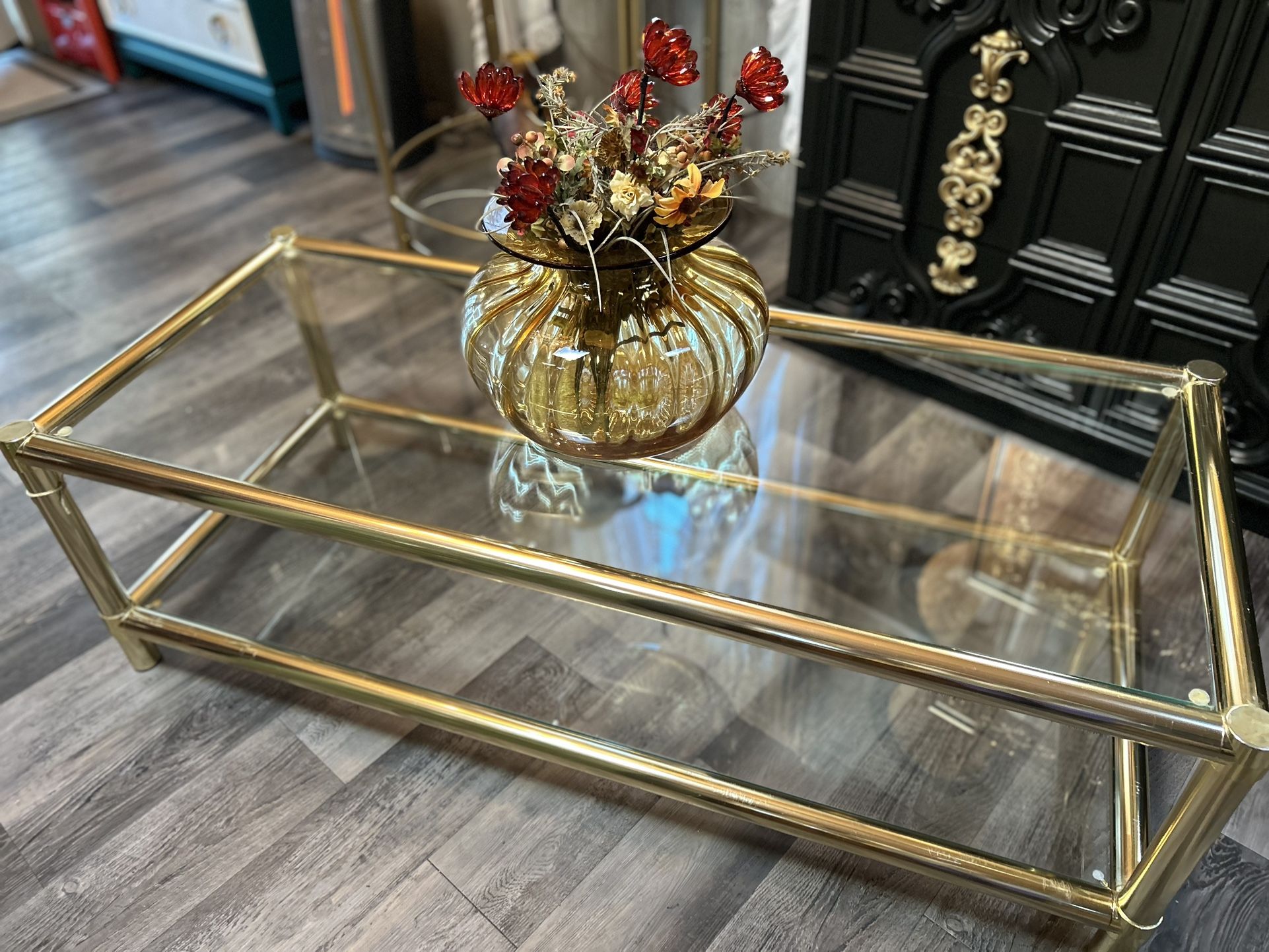 Mid Century Brass & Glass Coffee Table 