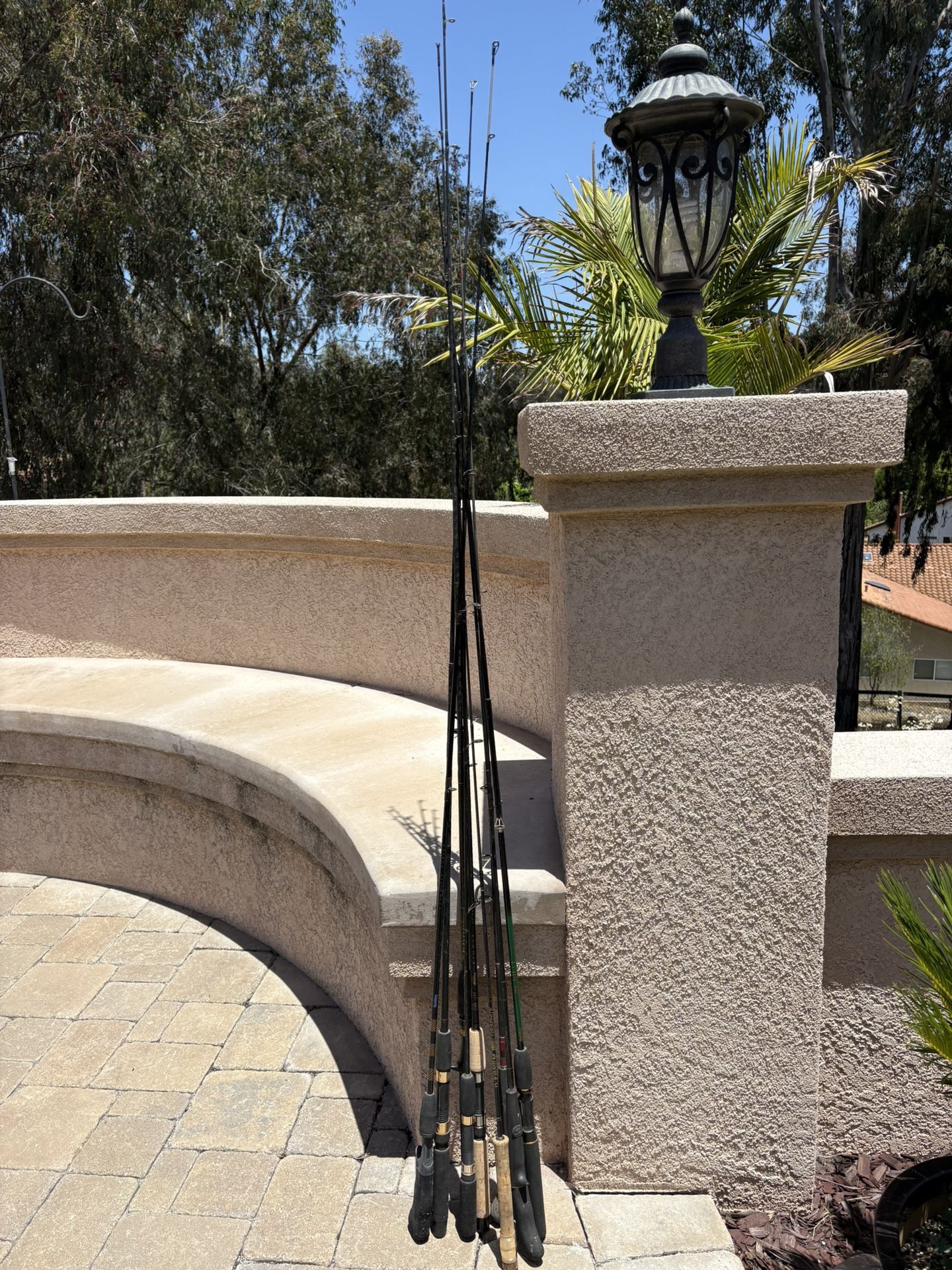Various fishing rods. Different sizes and brands. Most are Berkeley, and one is Daiwa.