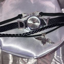 Fashion Black Leather Silver Watch Charm Bracelet