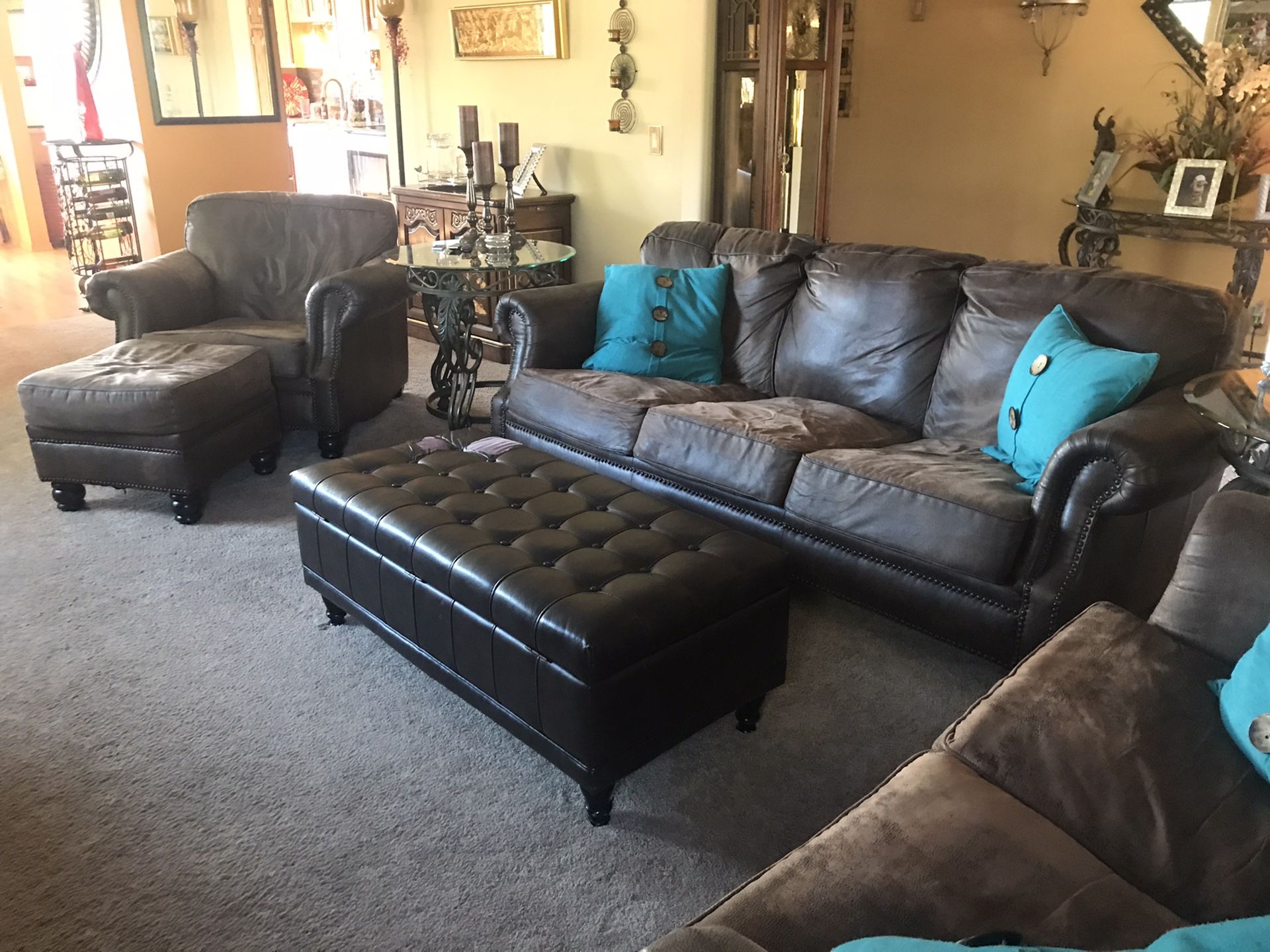 Couch, loveseat, chair with matching ottoman & storage ottoman