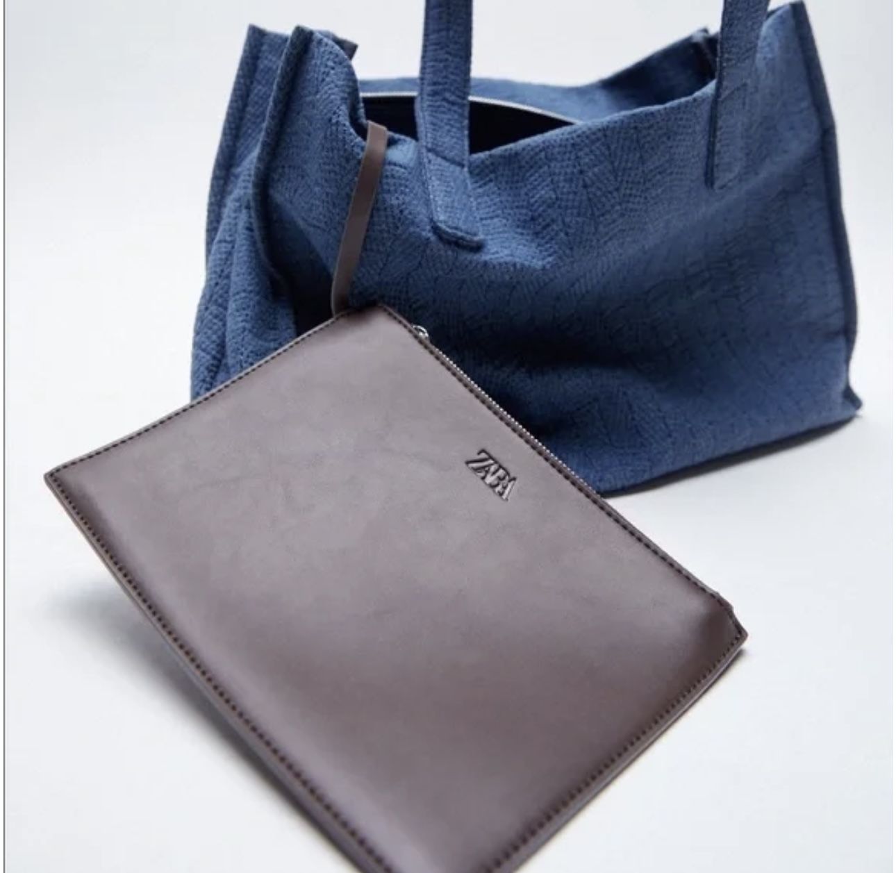 Zara Blue Denim Tote Bag with Top Zip 