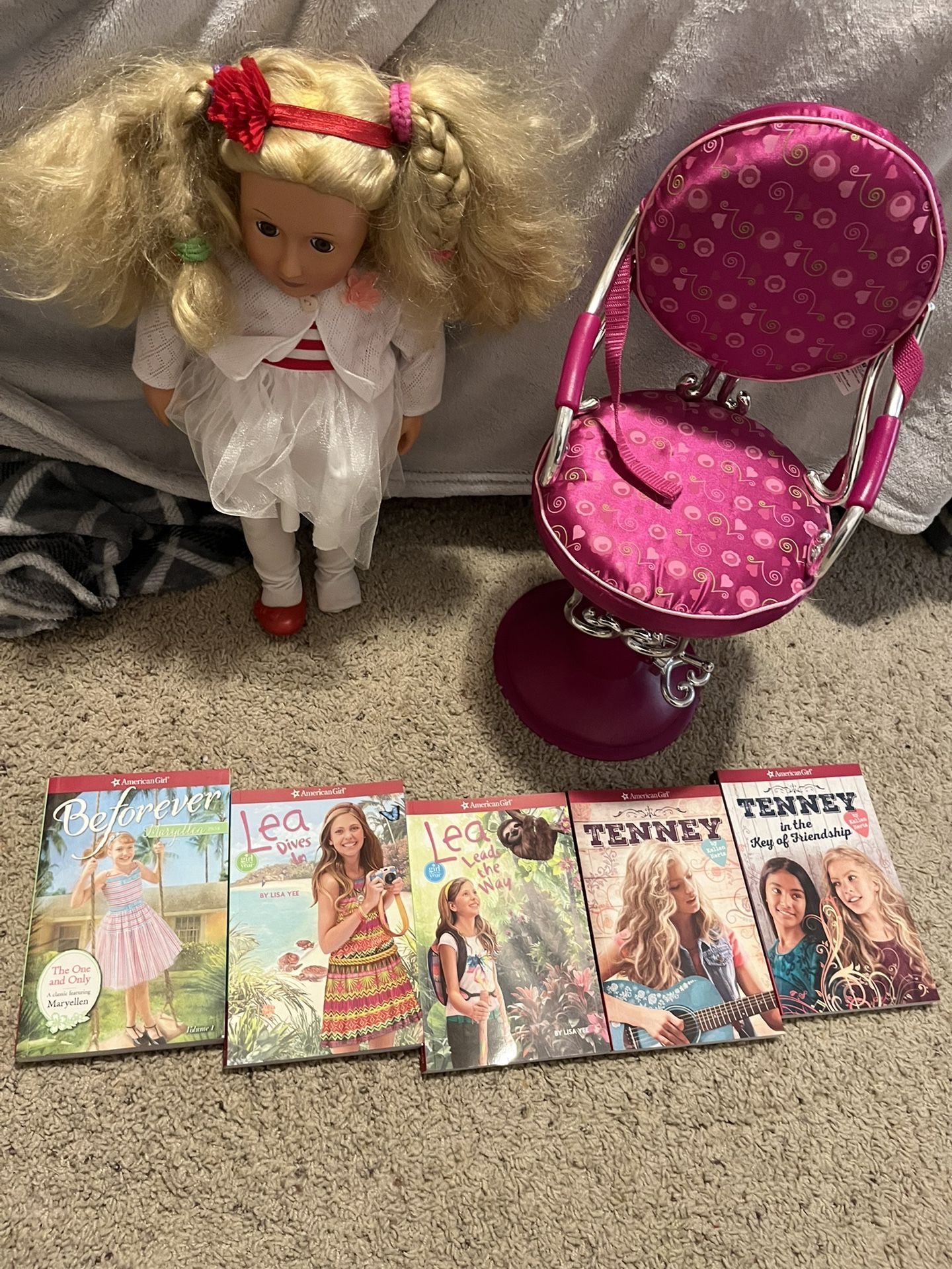 American Girl Doll, Chair, Books