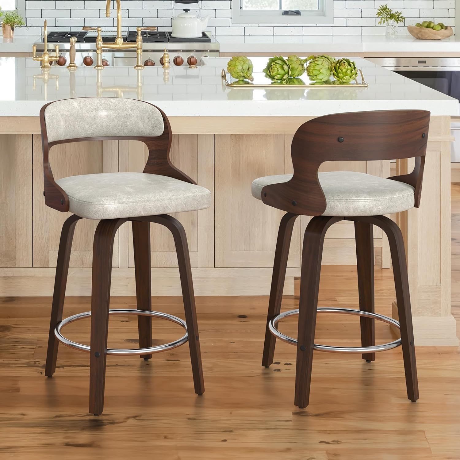 Bar Stools, Counter Height Bar Stools, 26 Inch Faux Leather Swivel Stools, Mid Century Bar Stools, Swivel Bar Stools with Back