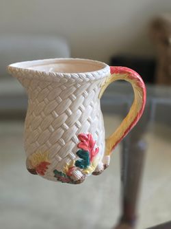 Vintage Long Rich Ceramic Basket Weave Pitcher with Leaf Motif