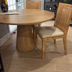 Oak Table And 2 Rattan Chairs 