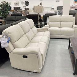 Cream Color Reclining Sofa, Loveseat Living Room Furniture 💛 No Needed Credit Check 💛 $39 Down Payment with Financing