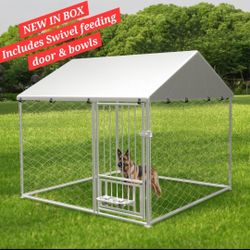 BRAND NEW IN BOX 6.7'x6.7' Large Outdoor Dog Kennel With Roof & Rotating Feeding Door & Bowls Galvanized Metal Dog Cage Jaula Corral De Mascota