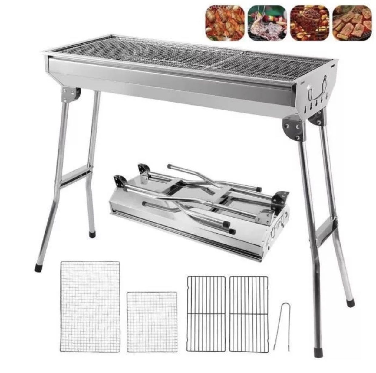 BBQ Grill Outdoor Stainless Steel Charcoal Grill BBQ Tool Portable Free Installation Handle Folding BBQ Cooking Grid Garden