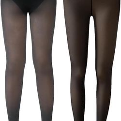 Delcast 2 Pairs Fleece Lined Tights for Women，Fake Translucent Sheer Warm Thermal Pantyhose Leggings for Winter  Brand new , size M