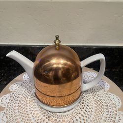 Vintage Old Dutch Copper Cover White Ceramic Tea Pot