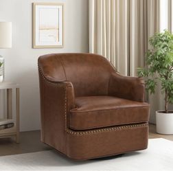Brown Faux Leather Swivel Barrel Chair with Nailhead Trim