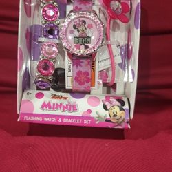 Disney Minnie Mouse Girls Flashing LCD Pink Ombre Silicone Watch, Bracelet and Hair Accessory 3 Piece Set