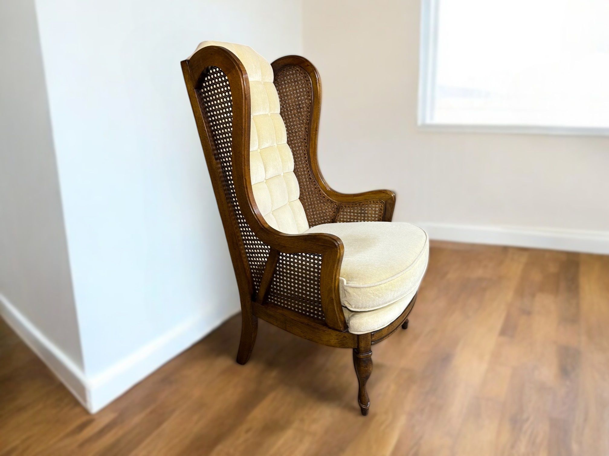 Mid-Century Lewittes Style Brown & Cream Wingback Caned Tuft Armchair